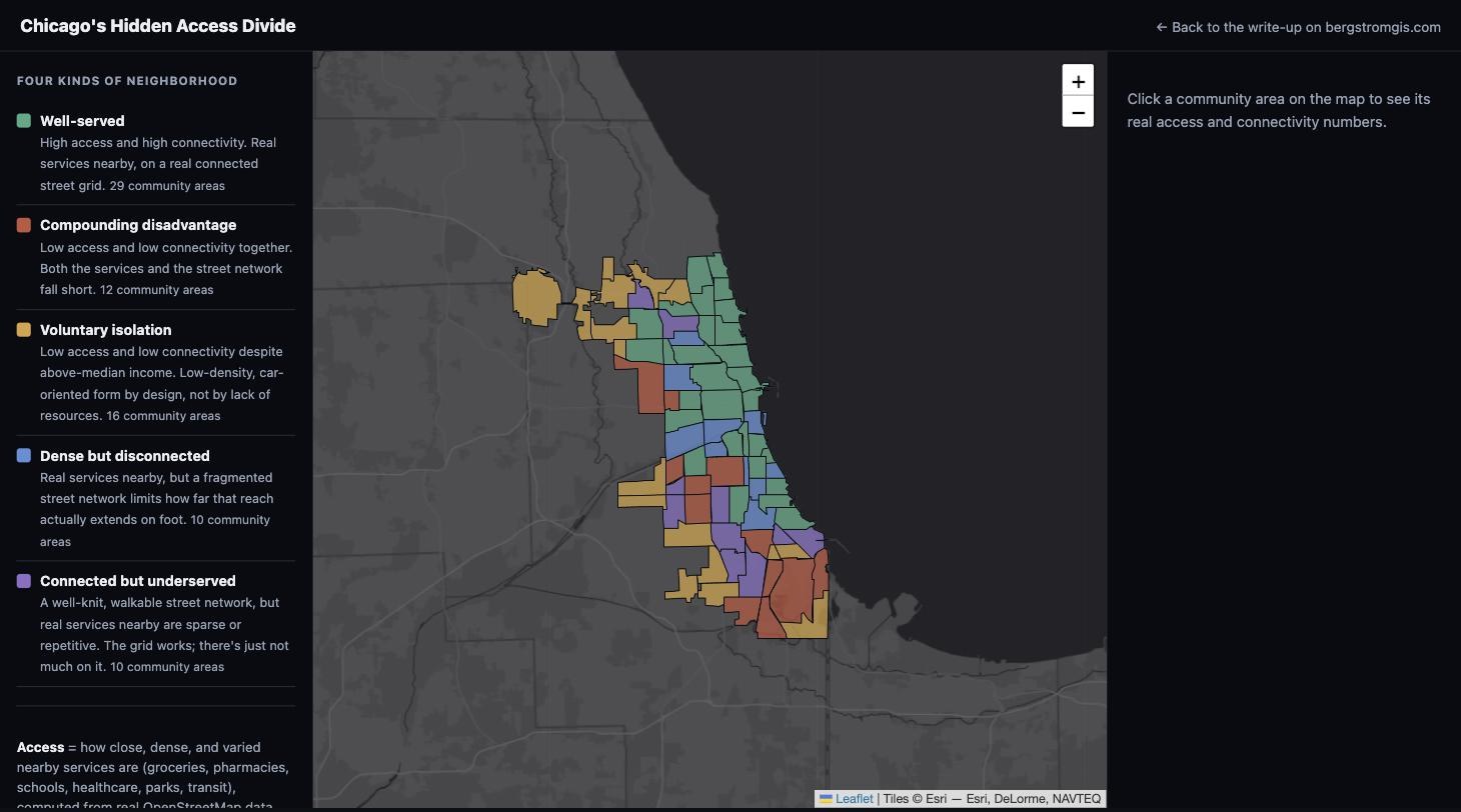 Interactive map of Chicago's 77 community areas colored by access and connectivity category.