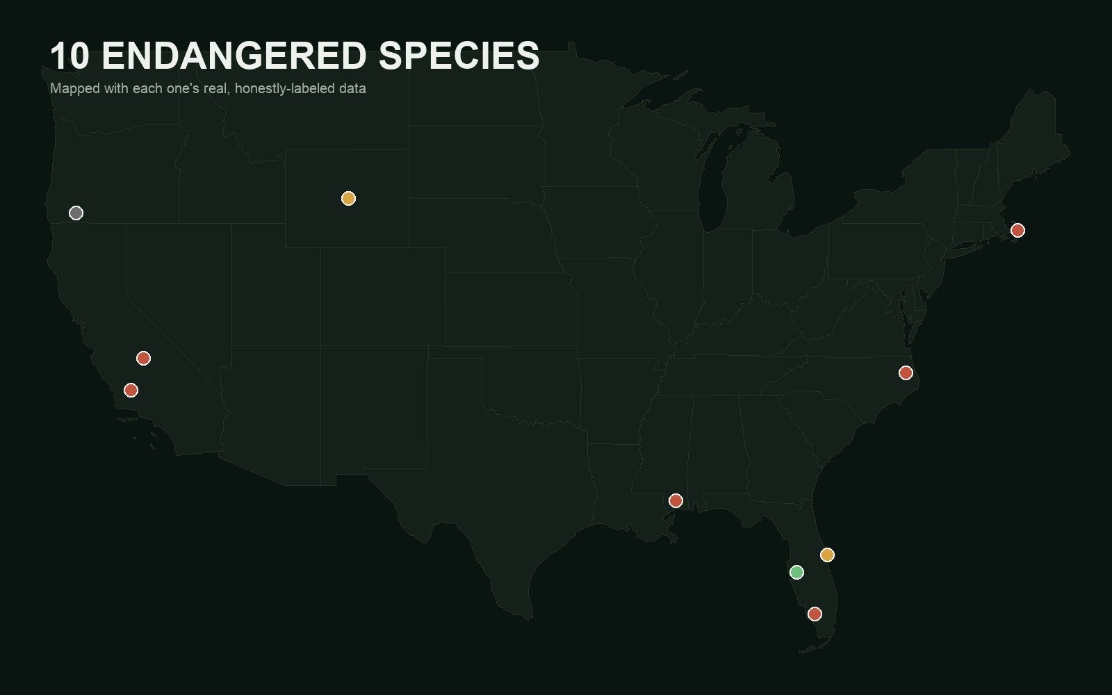Dark map of the continental United States with ten colored markers showing the real locations of ten endangered species.