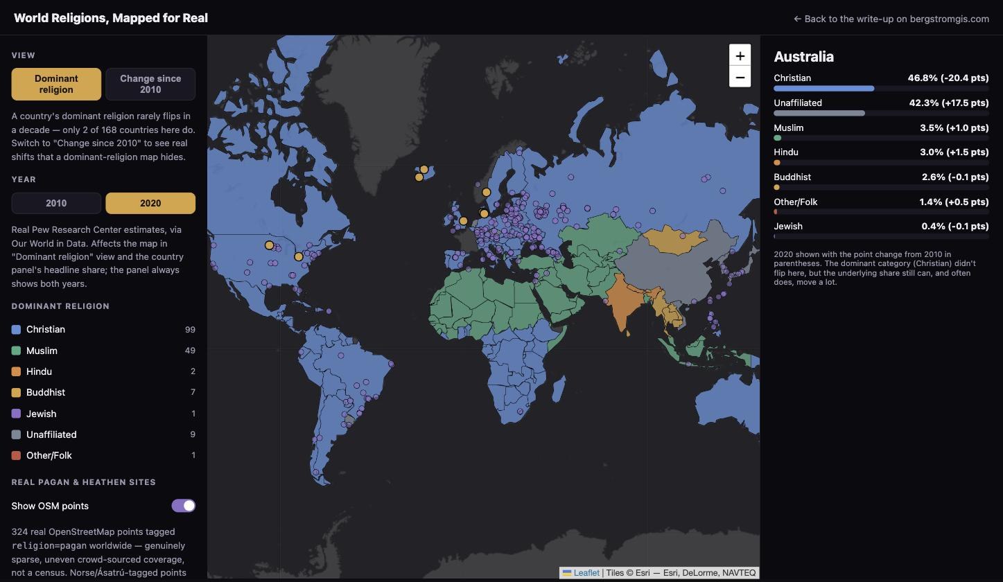 Interactive dark-themed world map showing dominant religion by country, with real OpenStreetMap Pagan and Heathen sites marked and Iceland's real Ásatrú membership growth.